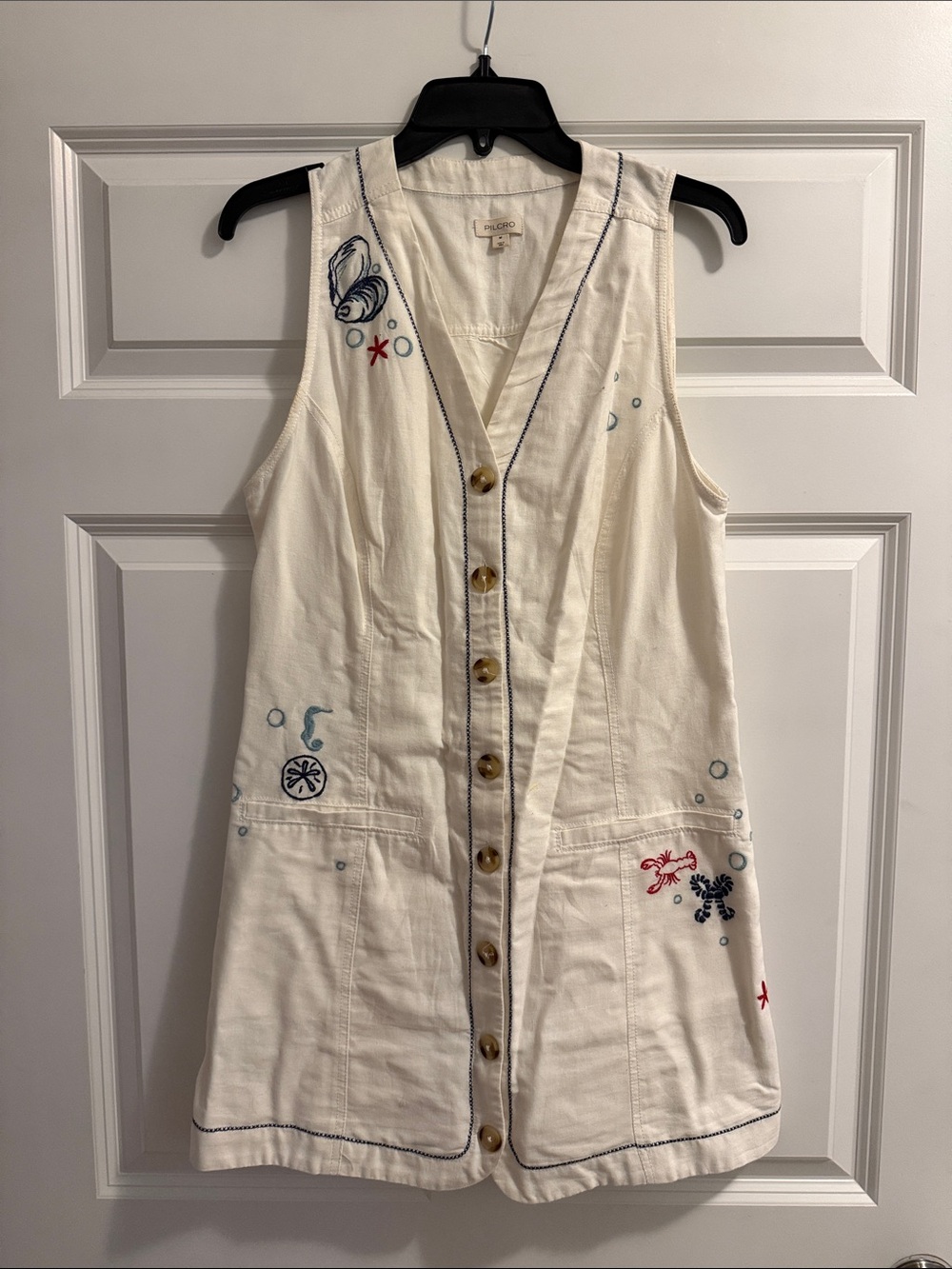 Pilcro Cream Sleeveless Button Dress with Nautical Embroidery